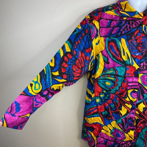 Vintage Womens DISCO PSYCHEDELIC Top Size 2X Pink Blue Satin Button Tunic Blouse - Picture 3 of 13